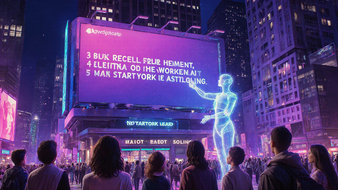 Cena futurista com outdoor digital que altera o título em tempo real ao lado de holograma de IA.
