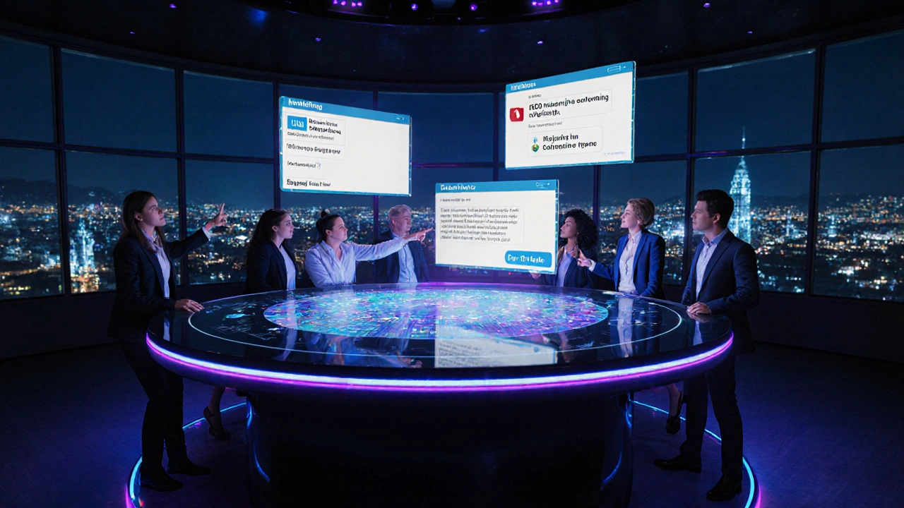Cena noturna de hub de marketing com hologramas exibindo manchetes, SEO e chatbot.