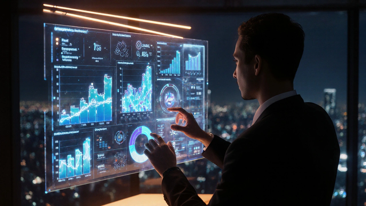 Centro de comando futurista com painel holográfico de métricas de Twitter e pessoa analisando dados.