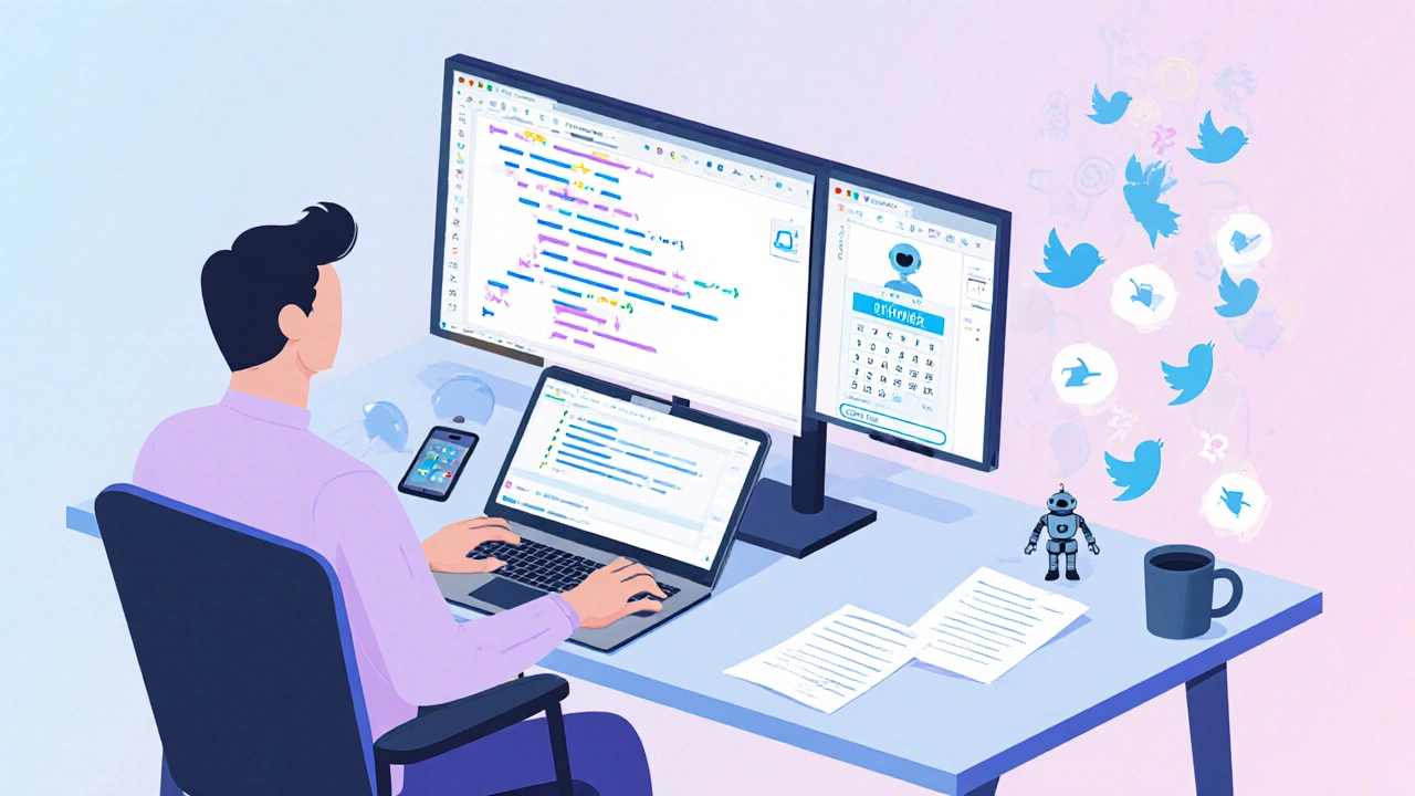 Estação de trabalho moderna com programador, laptop, avatar de IA e smartphone mostrando tweets agendados.