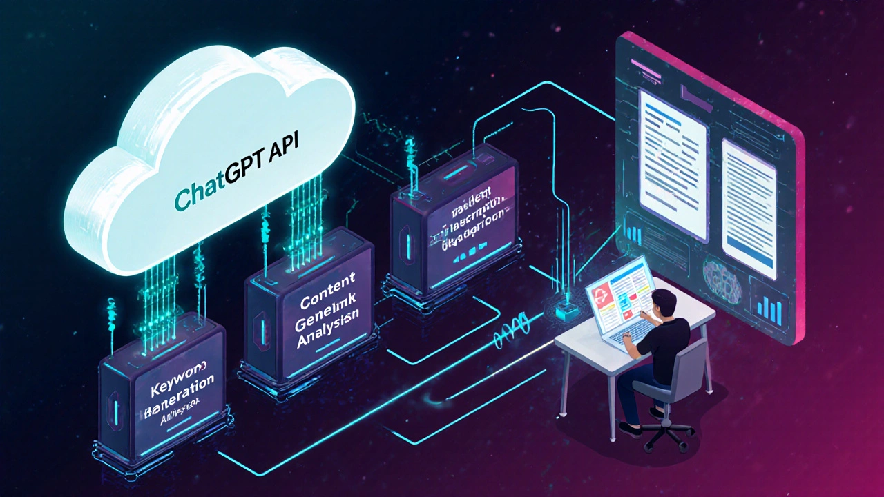 Fluxo automatizado de SEO ligando API do ChatGPT a análises e revisão humana.