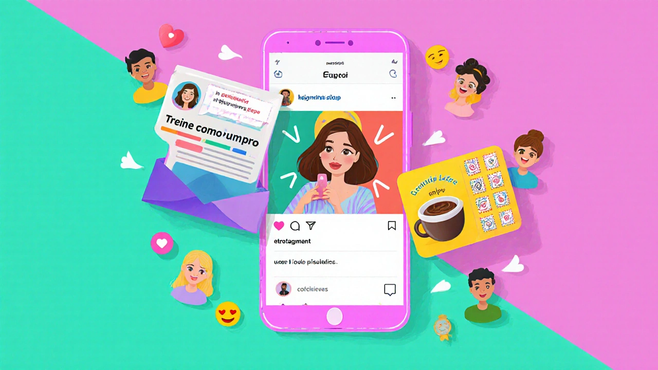 Ilustração de smartphone com enquete Instagram, newsletter de treino e cartão de fidelidade de café.