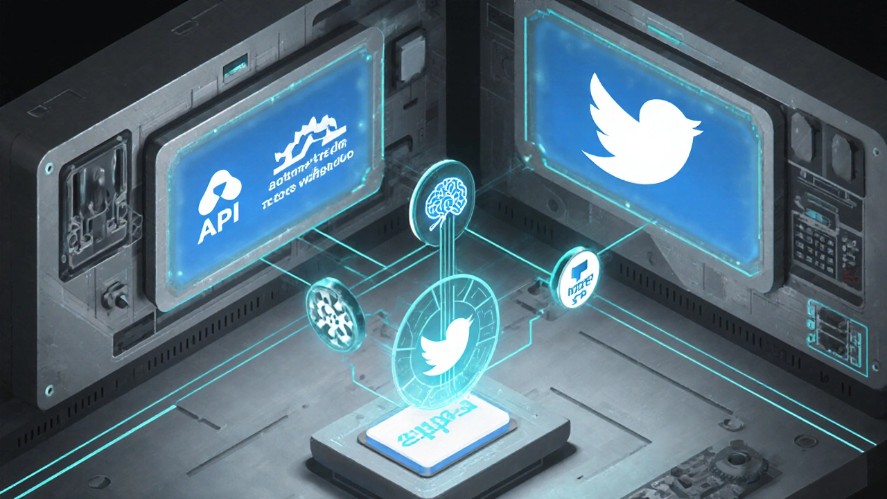 Ilustração isométrica de painel de automação conectando API do Twitter ao ChatGPT.