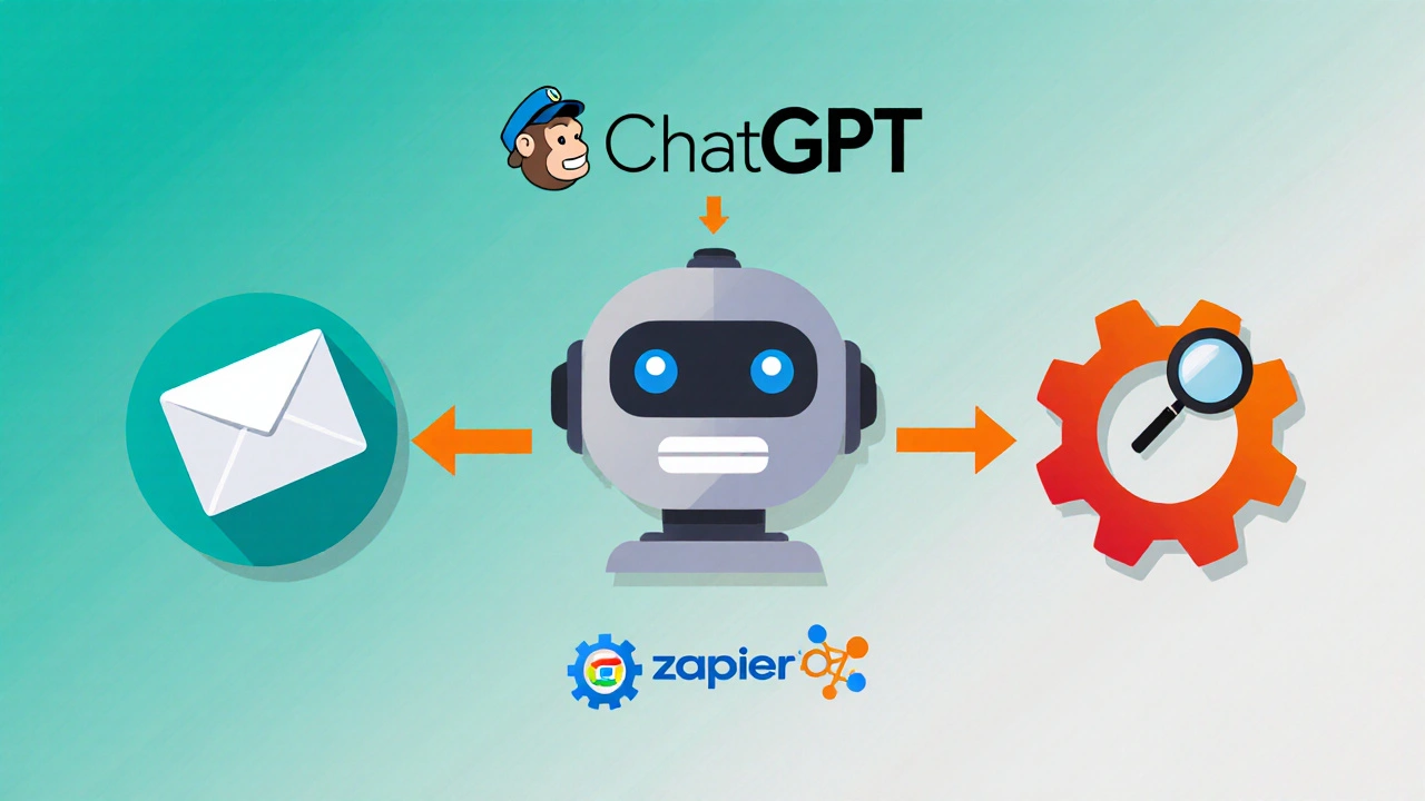 Ilustração vetorial de ícones conectando ChatGPT a ferramentas de e‑mail, anúncios e Zapier.