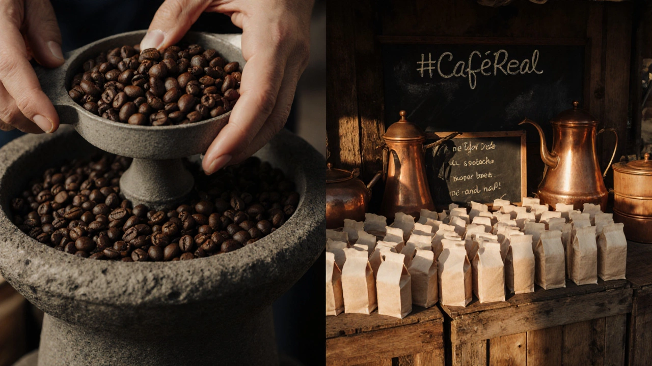 Artesão preparando café solúvel em sachês em mercado português, luz dourada e embalagens artesanais.