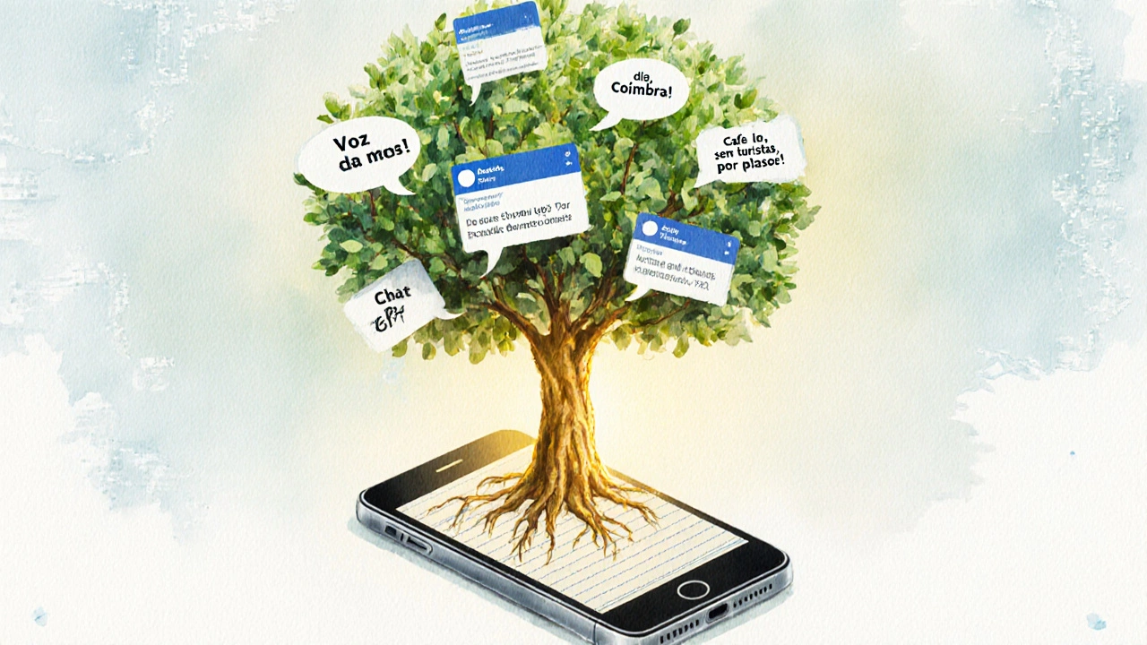 Árvore cresce de celular, folhas são balões de fala em português, raízes em caderno de voz da marca.