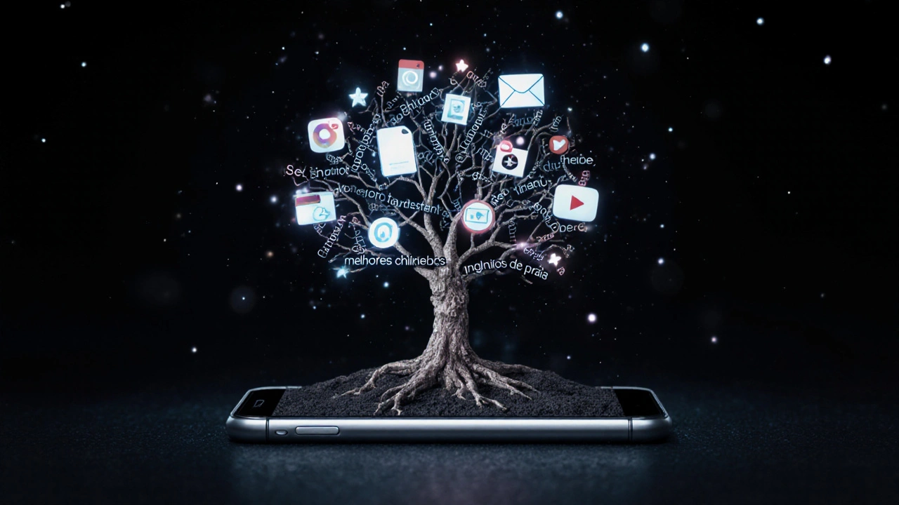 Árvore cresce de um smartphone, com raízes de palavras-chave e galhos representando canais digitais.