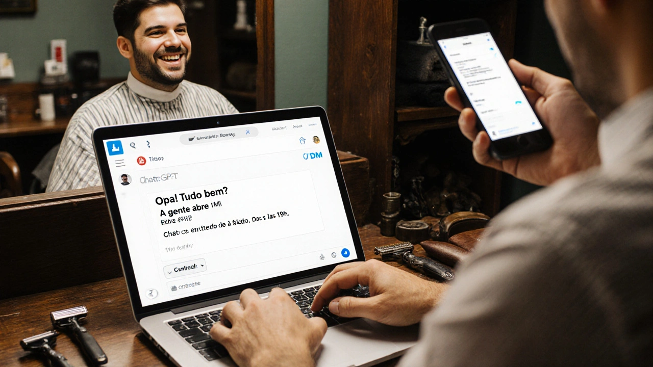 Barbeiro em Porto respondendo mensagens no laptop, cliente com confirmação de agendamento no celular.