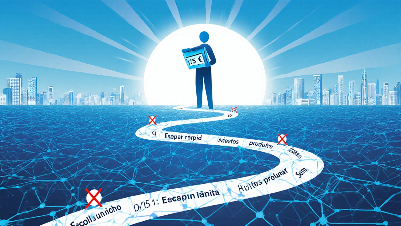 Caminho de links levando de um início simples até uma conquista financeira digital.