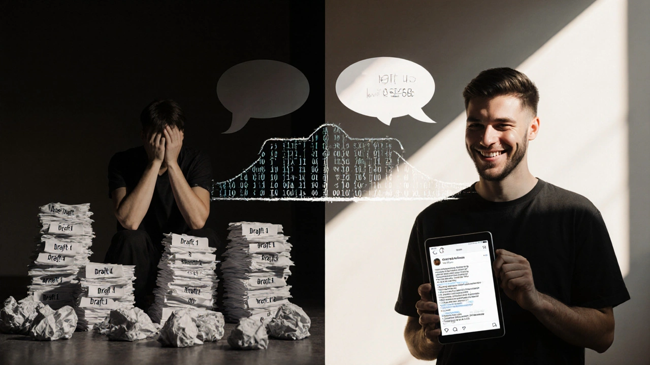 Cena dividida: cansaço com rascunhos vs. tranquilidade com conteúdo gerado por IA, conectados por uma ponte digital.