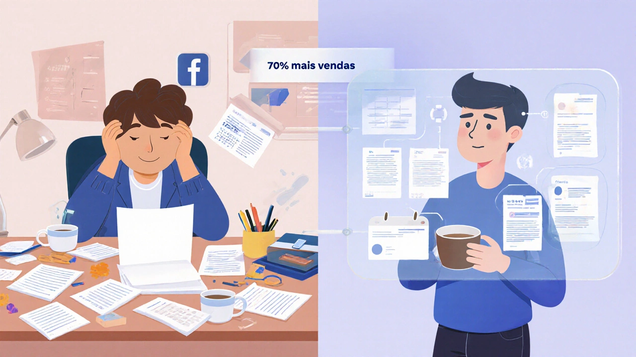 Cena dividida: esquerda, caos com post em branco; direita, pessoa tranquila com calendário e roteiros de conteúdo gerados por IA.