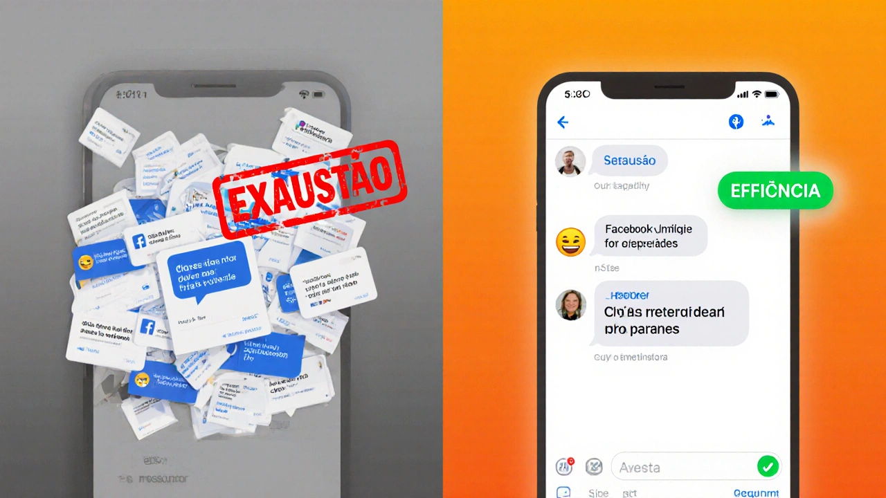 Comparação entre caixa de entrada sobrecarregada e organizada com mensagens otimizadas por IA.