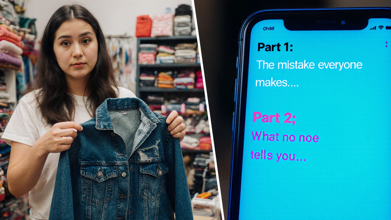 Criação de vídeo no TikTok dividida entre uma costureira gravando e a interface do ChatGPT com roteiro.