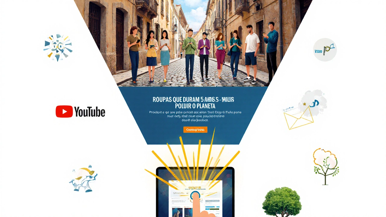 Funil de marketing visual em uma rua de Coimbra, mostrando tráfego convertendo em venda com luz dourada.