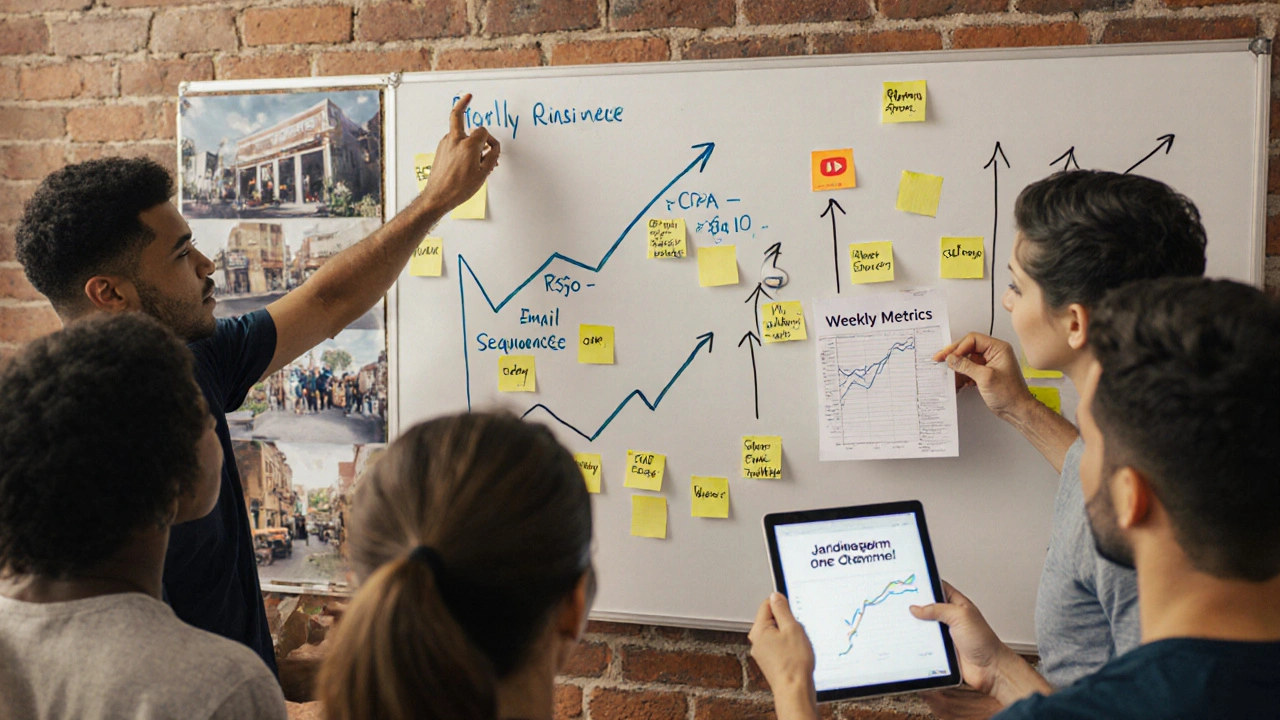 Grupo de empreendedores em Porto Alegre revisando plano de marketing em quadro branco com métricas e vídeos.