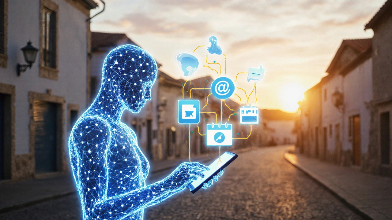 Mão digitando no celular enquanto assistente digital de linhas azuis orienta postagens, Reels e respostas automáticas no Facebook.