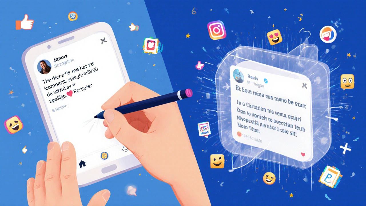 Mão humana escrevendo comentário ao lado de interface de IA gerando respostas em tempo real.