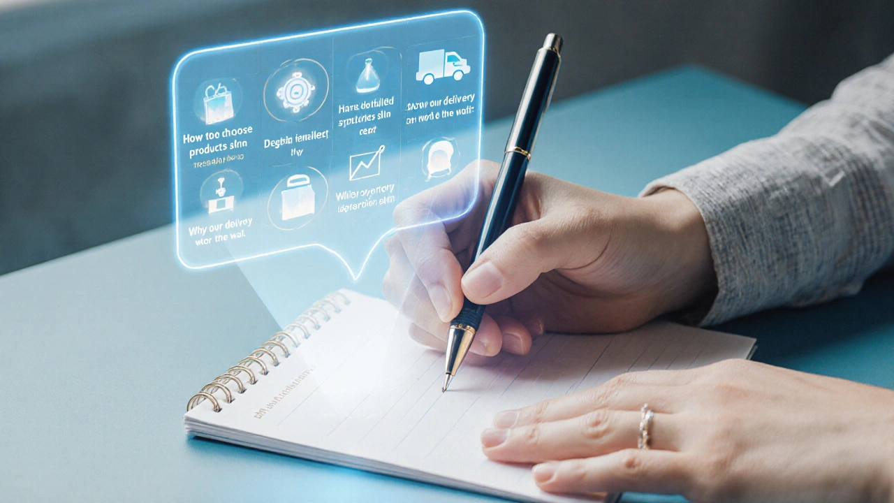 Mão humana escrevendo enquanto IA projeta templates de conteúdo em holograma.