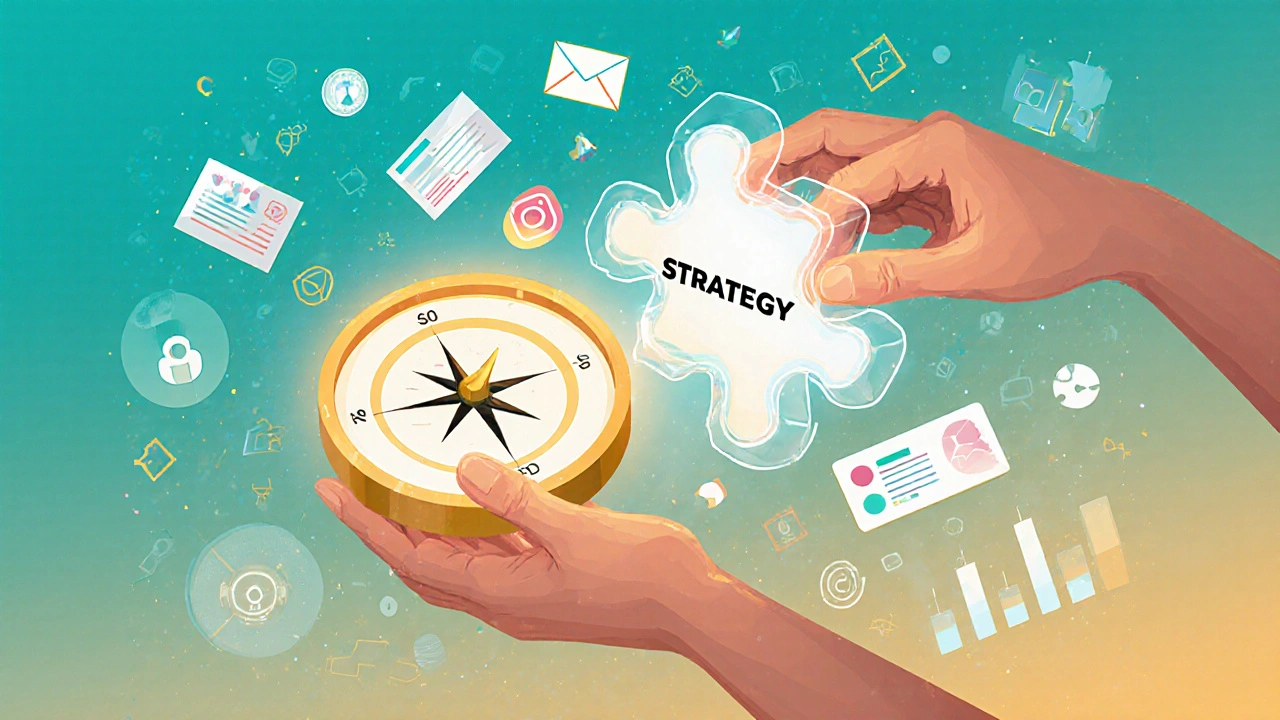 Mão humana guia um assistente de IA que gera conteúdos de marketing em formato de peças flutuantes.