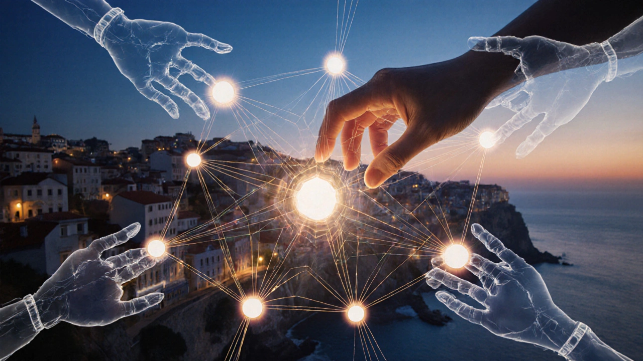 Mão humana guiando uma teia de tendências e anúncios conectados, representando colaboração entre humano e IA.