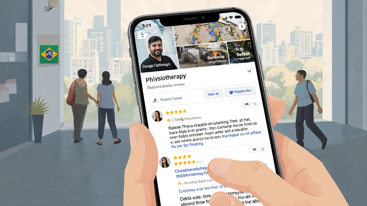 Tela de celular mostrando avaliações positivas do Google Business Profile de uma clínica de fisioterapia.