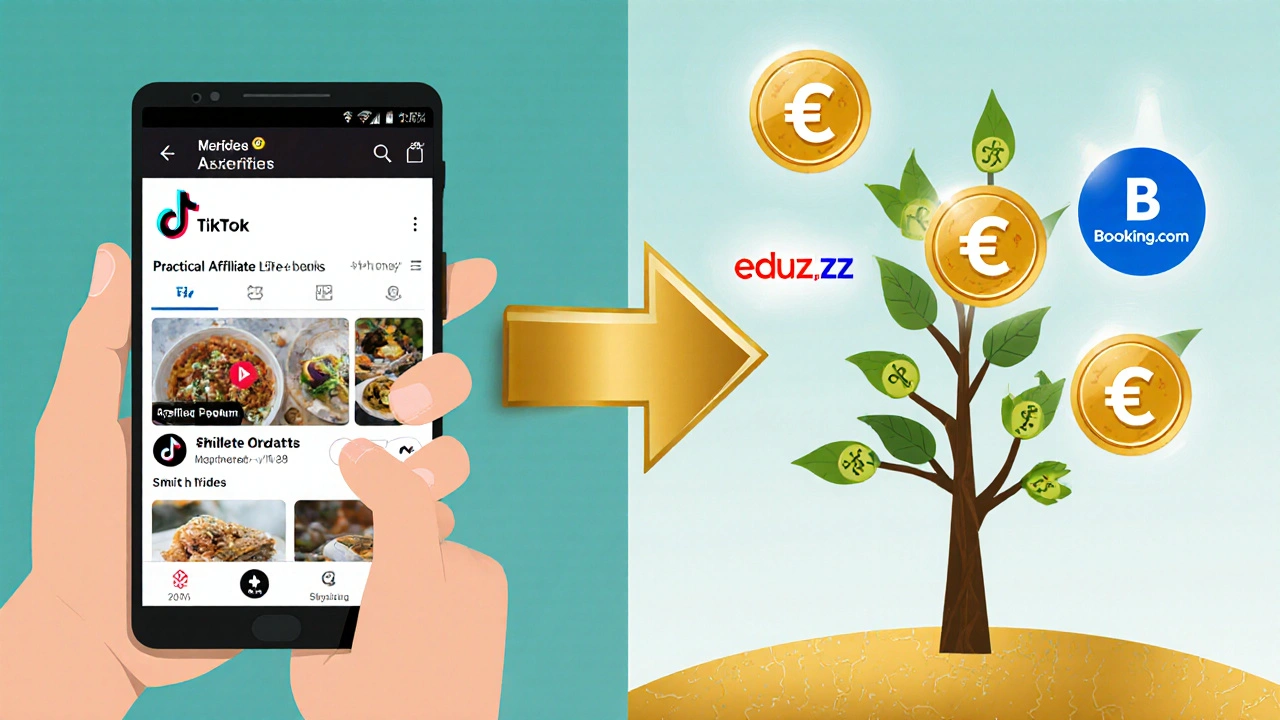 Tela dividida com vídeos no celular e ícones de programas de afiliados com comissões destacadas.