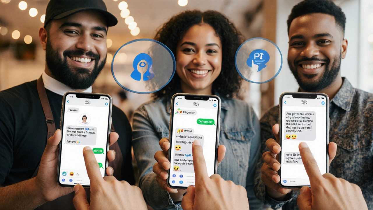 Três profissionais enviando mensagens personalizadas no Facebook com ajuda do ChatGPT, sorrindo com seus celulares.