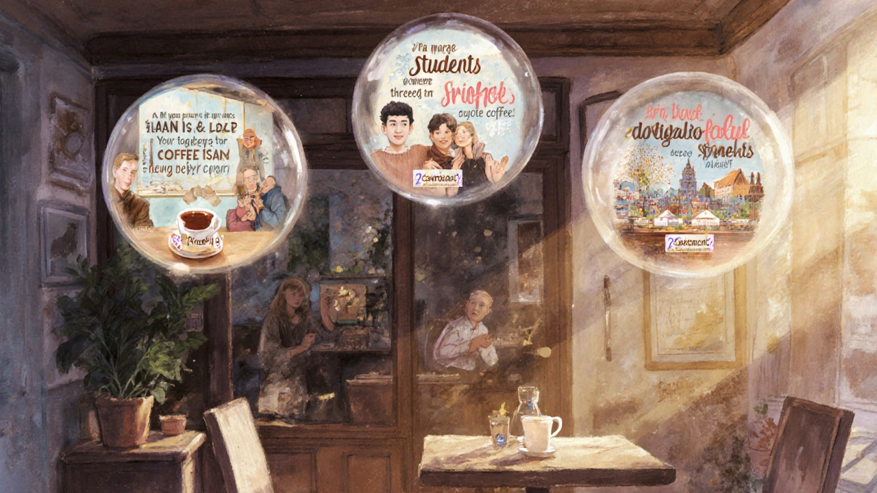 Três versões de anúncios flutuando sobre um café em Braga, cada uma direcionada a um público diferente.