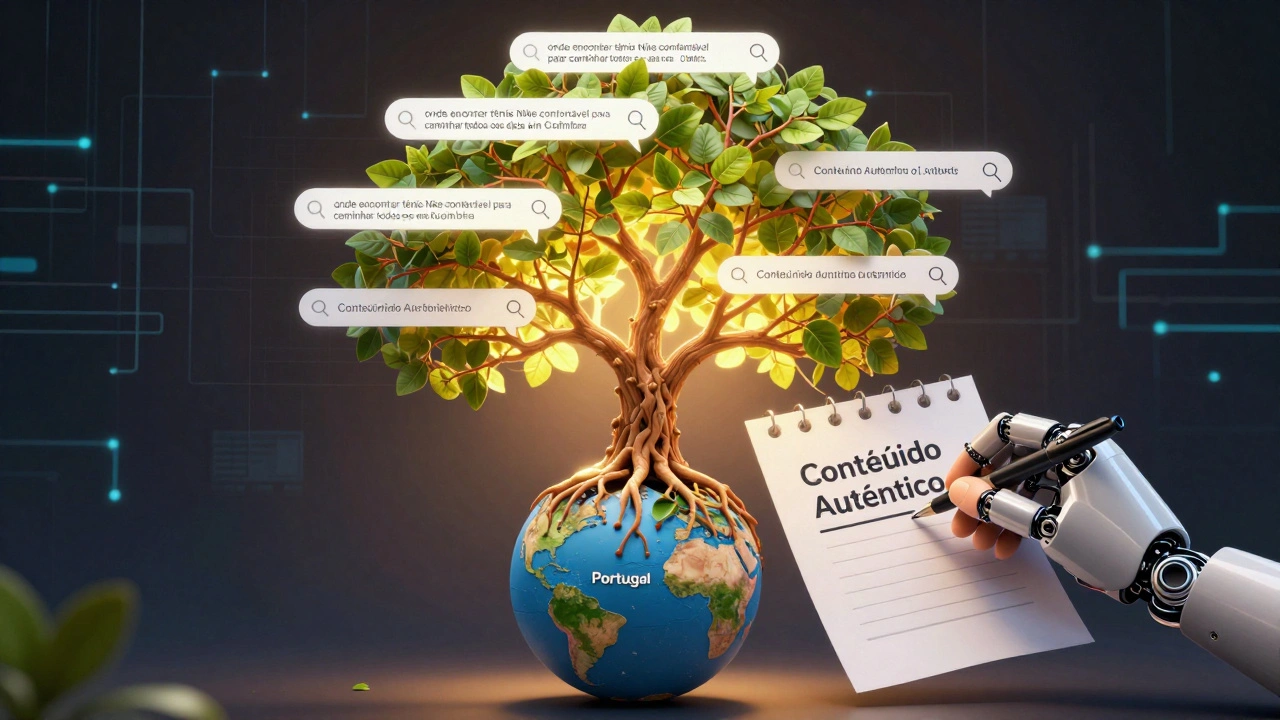 Árvore de palavras-chave SEO com mão humana guiando robô, símbolo de IA e humanidade trabalhando juntas.