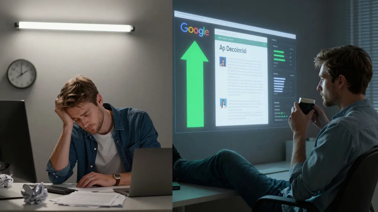 Cena dividida: escritor cansado à esquerda, mesmo escritor tranquilo com conteúdo IA otimizado à direita, simbolizando produtividade transformada.