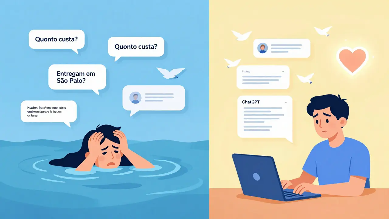 Cena dividida: mensagens repetitivas caóticas à esquerda, respostas organizadas e amigáveis à direita.