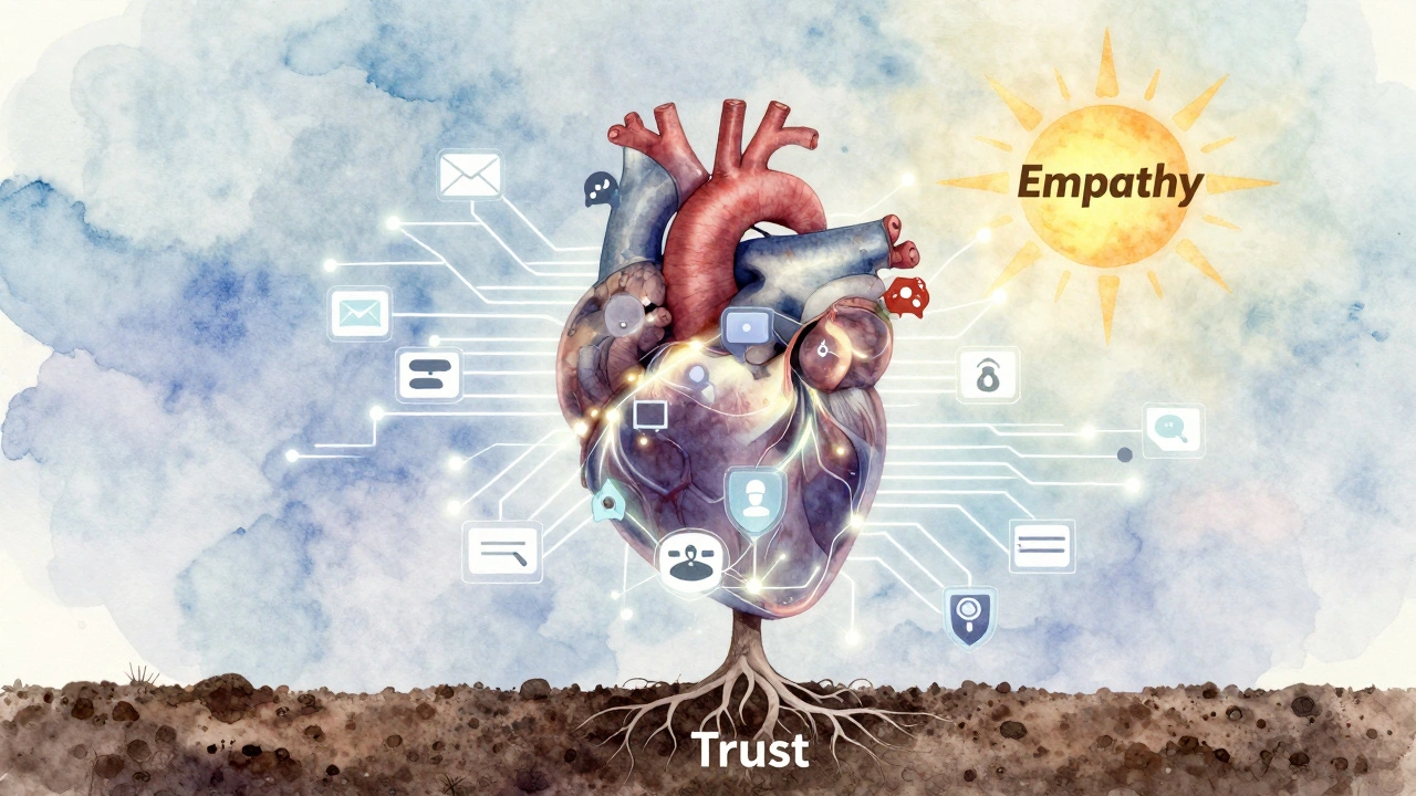 Coração digital composto por interações de marketing, raízes na confiança e ramos na empatia.