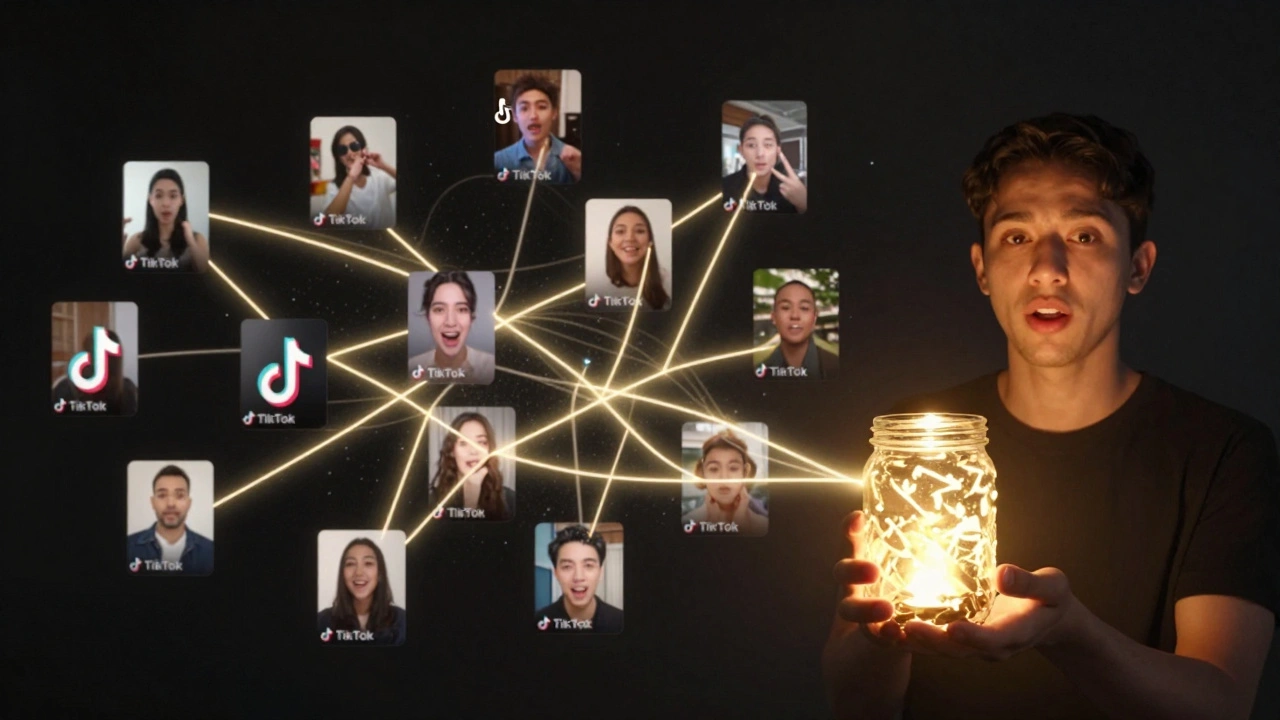 Fio dourado conectando vídeos genéricos do TikTok a um vídeo autêntico de uma pessoa falando com sinceridade, luz suave saindo da tela.