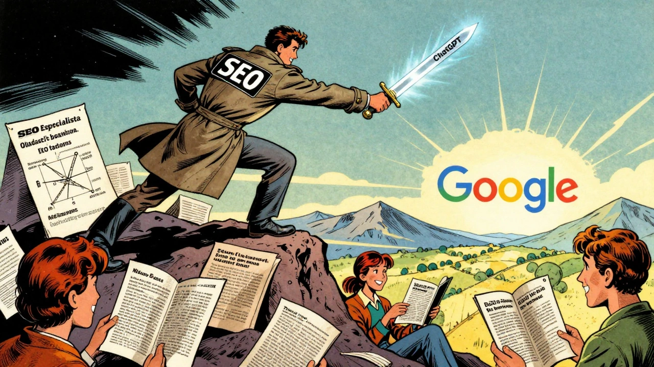 Herói SEO derrotando táticas antigas com ChatGPT, caminhando para um vale de conteúdo útil e autêntico.