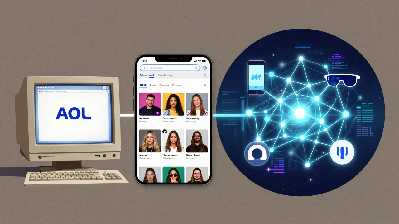 Ilustração artística da evolução do marketing digital: banners dos anos 90, redes sociais e inteligência artificial.