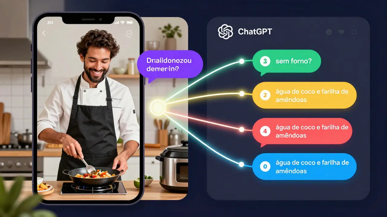 Interface de IA gerando respostas personalizadas para comentários de receitas no TikTok, com dicas culturais brasileiras.