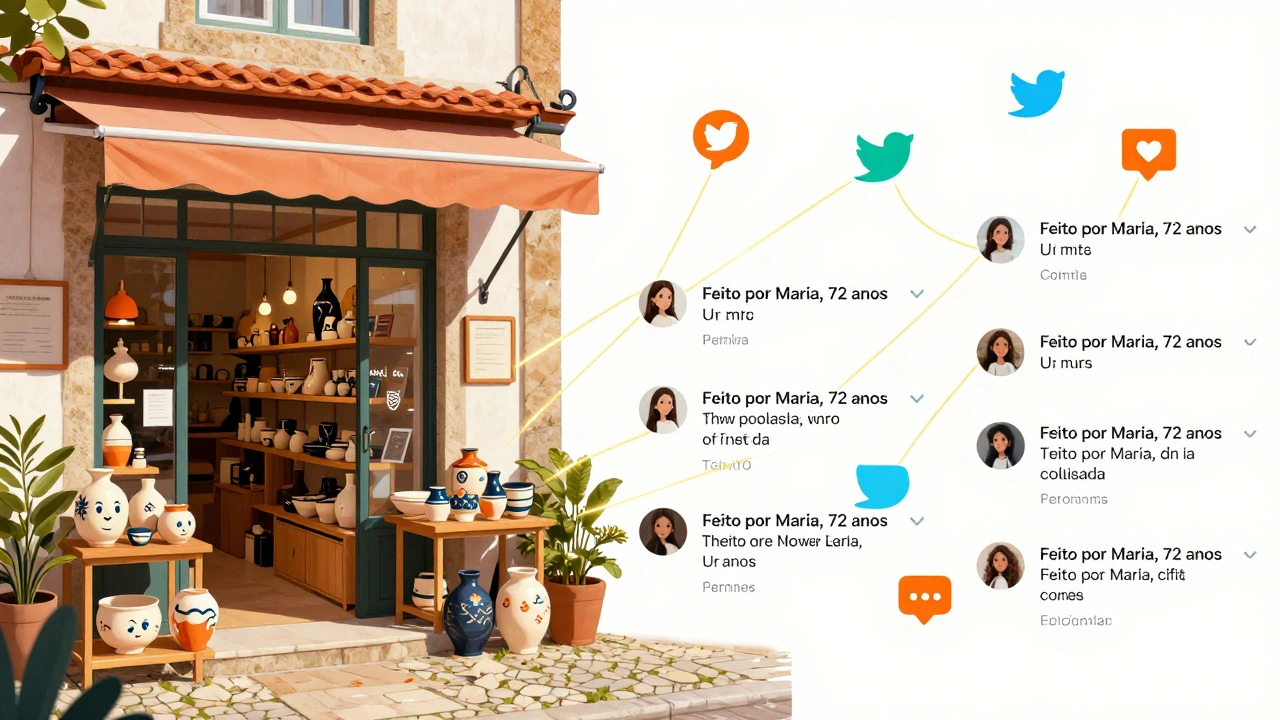Loja artesanal em Coimbra com produtos manuais conectados a um feed do Twitter cheio de interações e histórias pessoais.