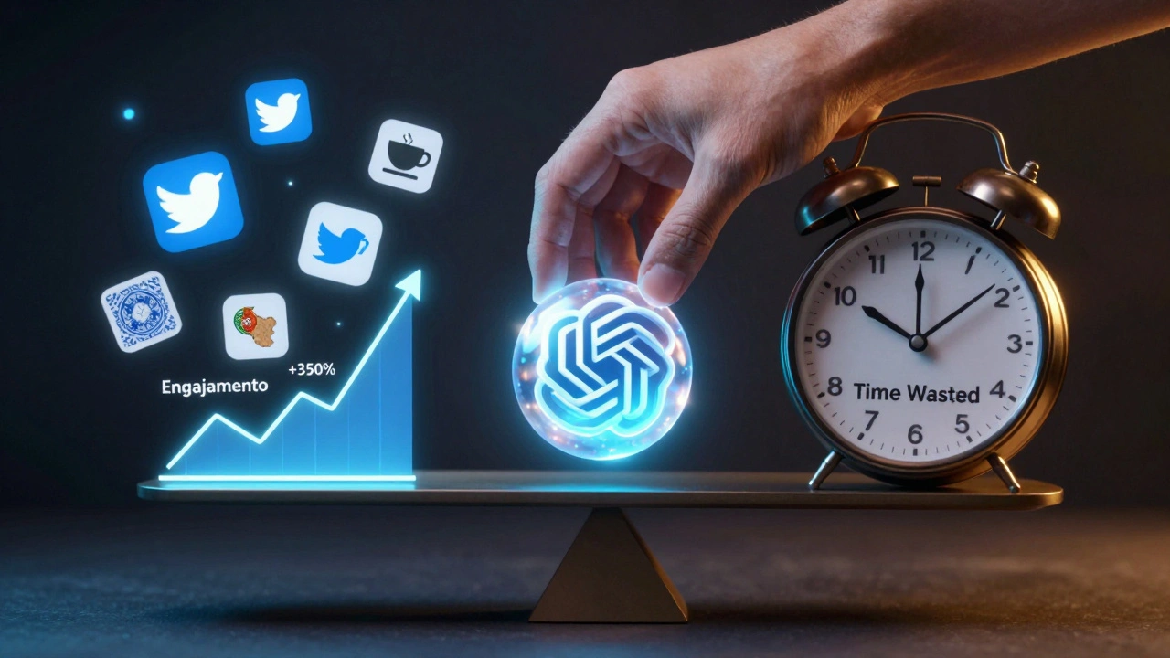Mão humana coloca uma esfera de IA em uma balança que equilibra tempo e engajamento, com ícones de tweets e símbolos portugueses ao redor.
