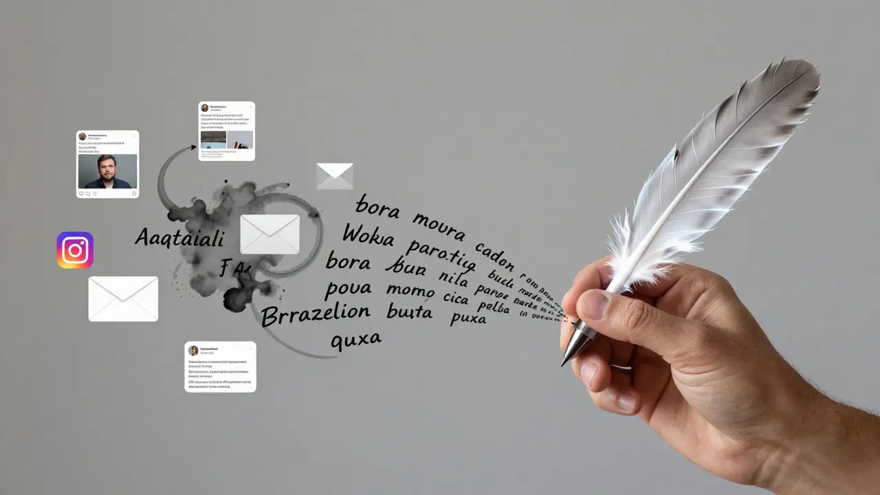 Mão humana guiando uma caneta de IA que escreve texto em português brasileiro com gírias locais, transformando frases genéricas em conteúdo autêntico.