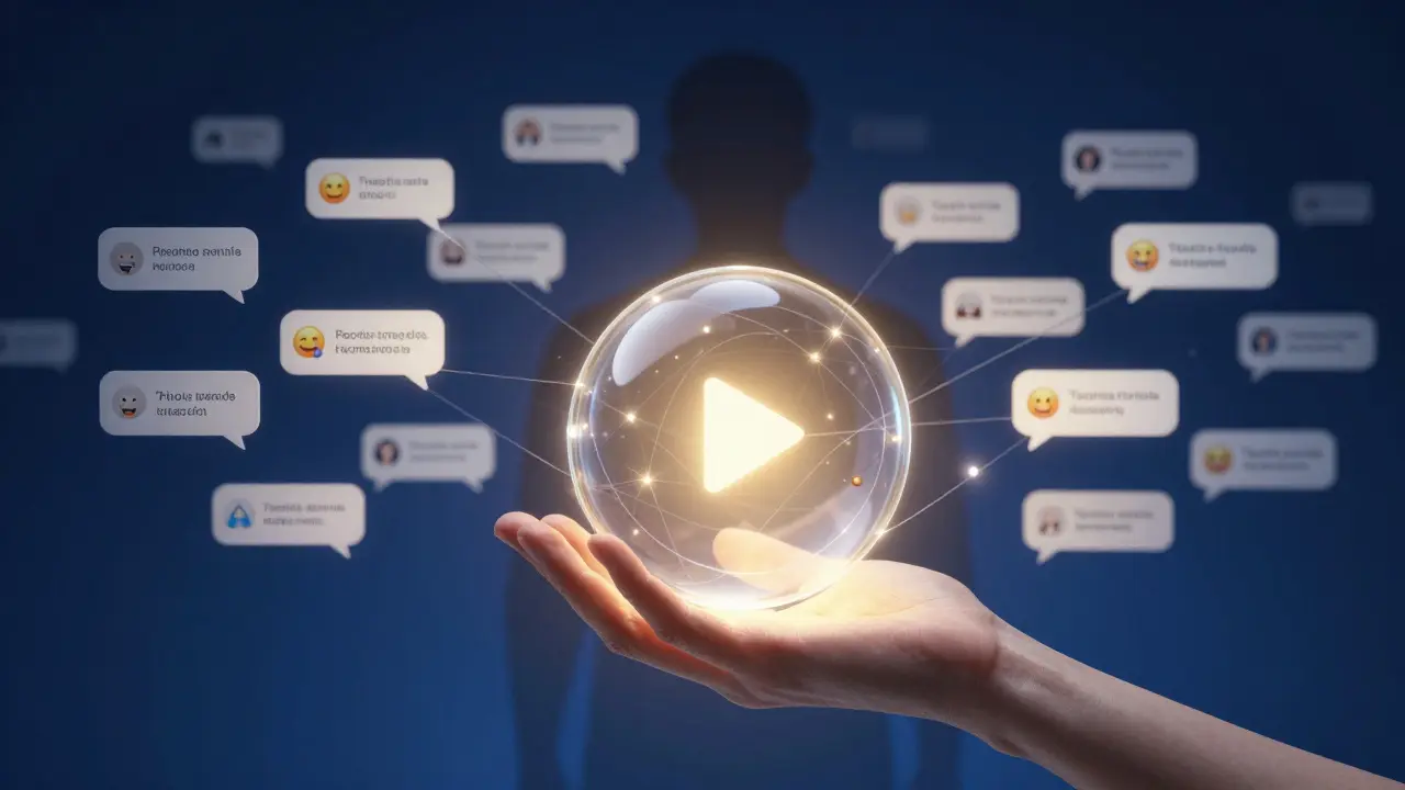 Mão humana segurando uma esfera de IA conectada a comentários em português, simbolizando cooperação entre humano e máquina.