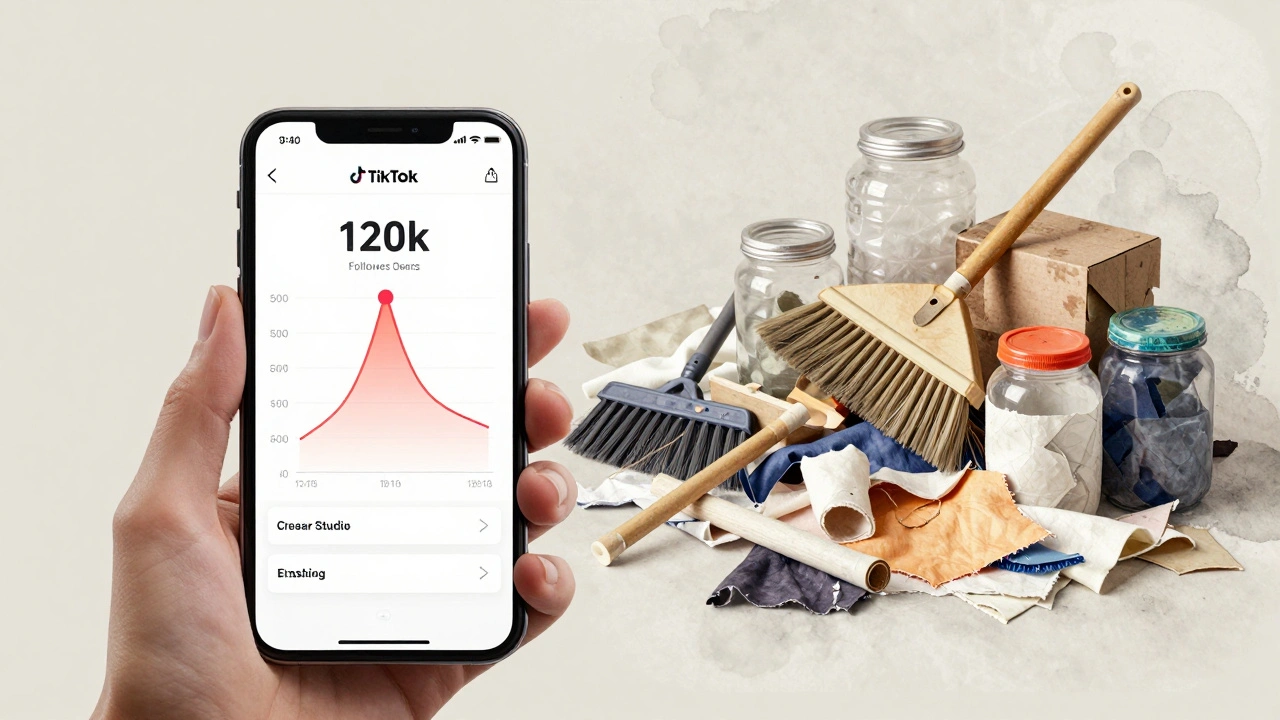 Mão segurando celular com gráfico de seguidores subindo, enquanto objetos do lixo se transformam em artesanato, tons terrosos e toque laranja.