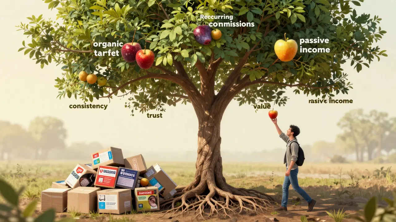 Árvore simbólica de renda passiva com frutos de comissões recorrentes, enquanto alguém abandona estoque e anúncios.