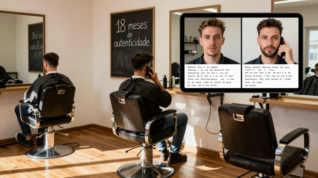 Barbearia em Braga com tela mostrando depoimentos reais de clientes antes e depois.