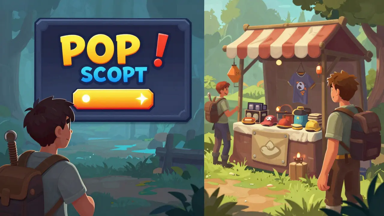 Contraste entre anúncio intrusivo e anúncio ambiental em um jogo de RPG.