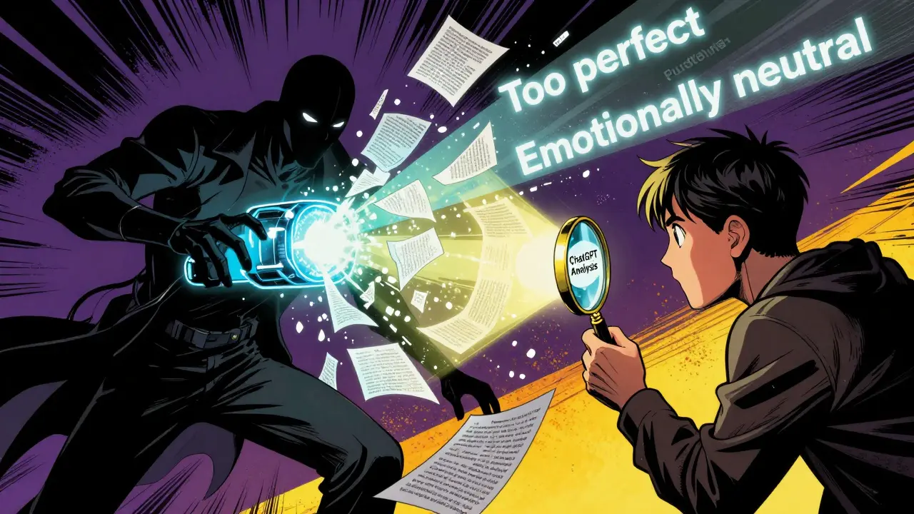 Ilustração em estilo quadrinho: cidadão desmontando propaganda de IA com uma lupa analítica.