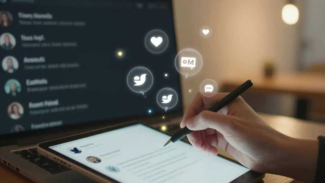 Mão escrevendo resposta autêntica no Twitter, enquanto textos de IA se dissolvem em emojis de engajamento.