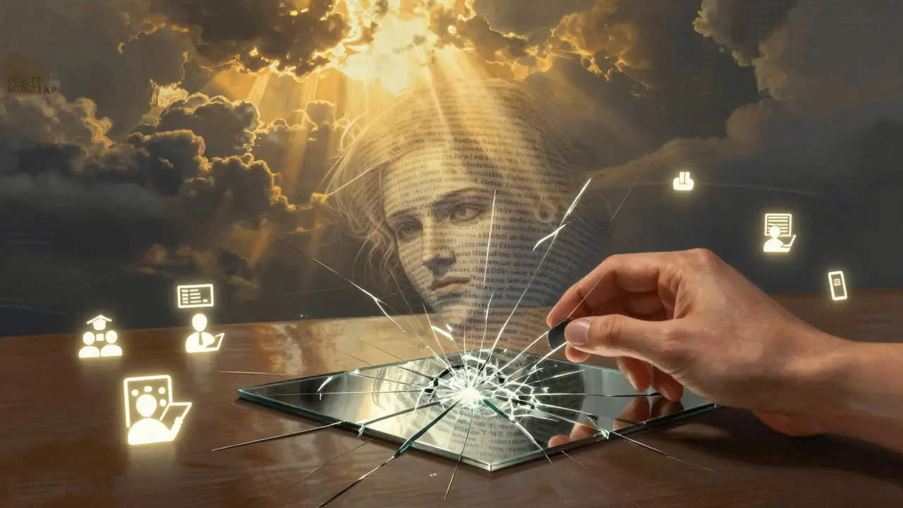 Mão segurando um espelho que reflete textos gerados por IA, simbolizando a busca por verdade.