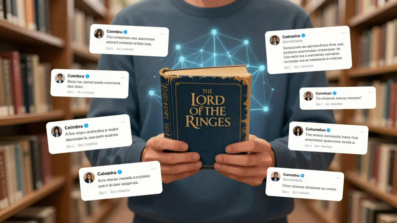 Pessoa em livraria em Coimbra segurando livro antigo, com ideias de tweets flutuando ao redor.