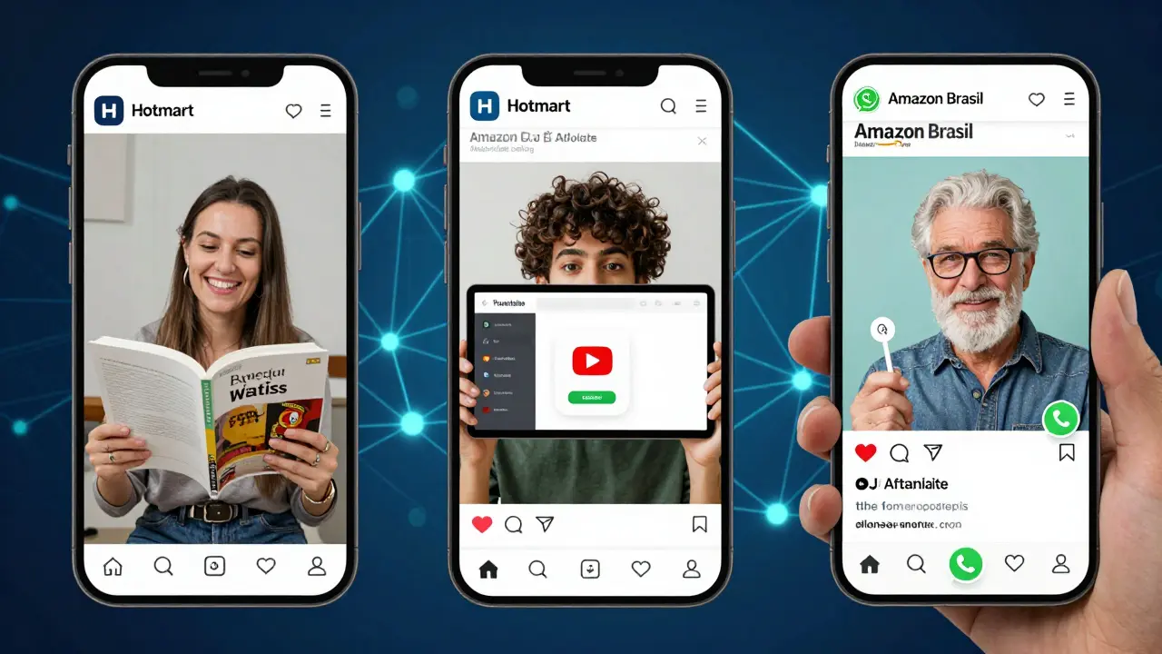 Três pessoas em Portugal promovendo produtos de afiliados em diferentes plataformas digitais: TikTok, YouTube e WhatsApp.