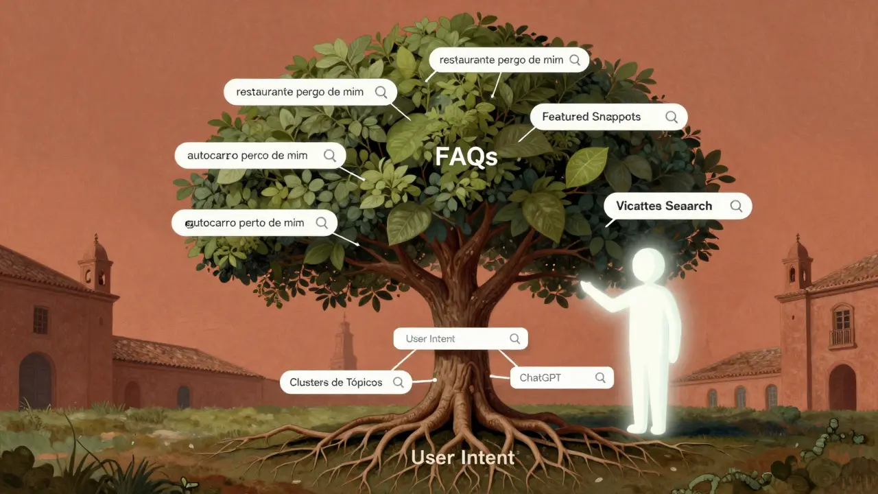 Árvore simbólica com raízes em intenção do usuário e ramos conectados a snippets e buscas por voz em português de Portugal.